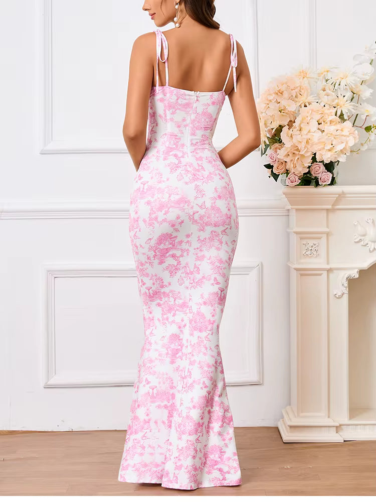 Robe longue moulante rose motif fleuri