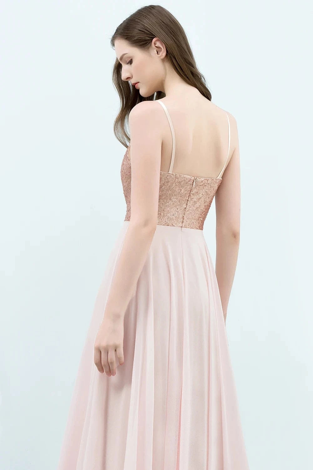 robe demoiselle d'honneur rose poudré longue chic style bohème princesse sans manches élégante