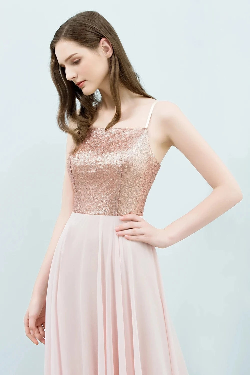 robe demoiselle d'honneur rose poudré longue style bohème chic silhouette princesse manches courtes
