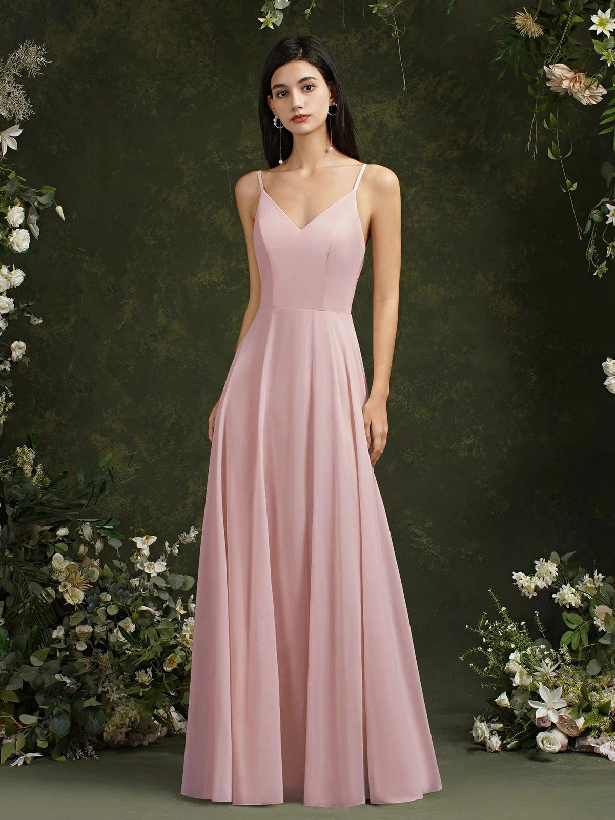 robe demoiselle d'honneur chic dos dentelle longue trapèze sans manches rose poudré élégante