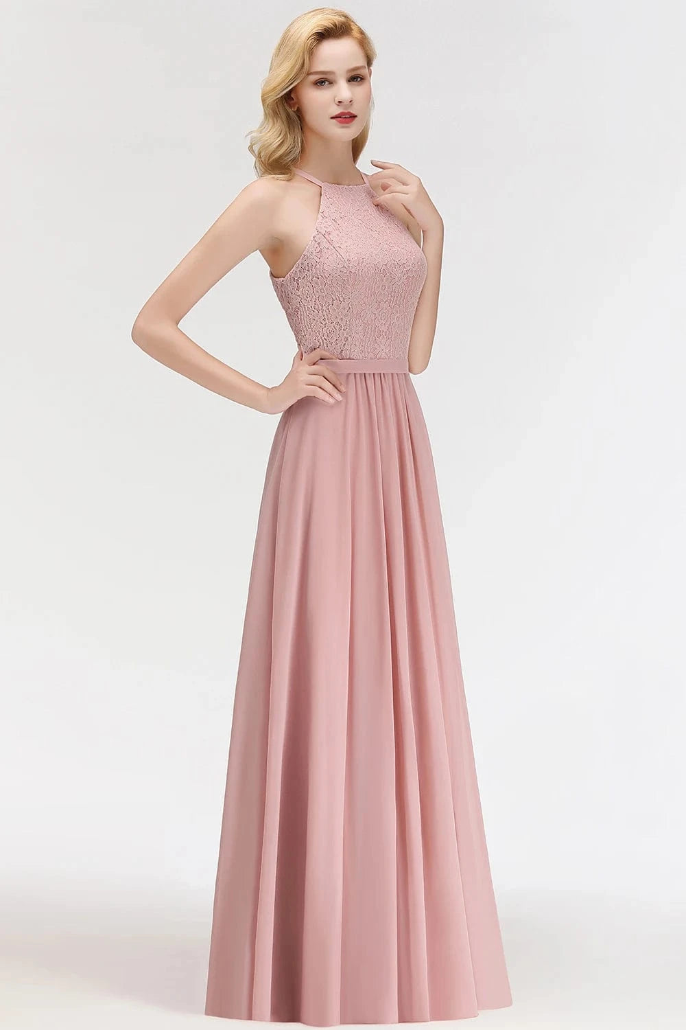 Robe demoiselle d'honneur chic trapèze longue sans manches en mousseline et dentelle de couleur rose
