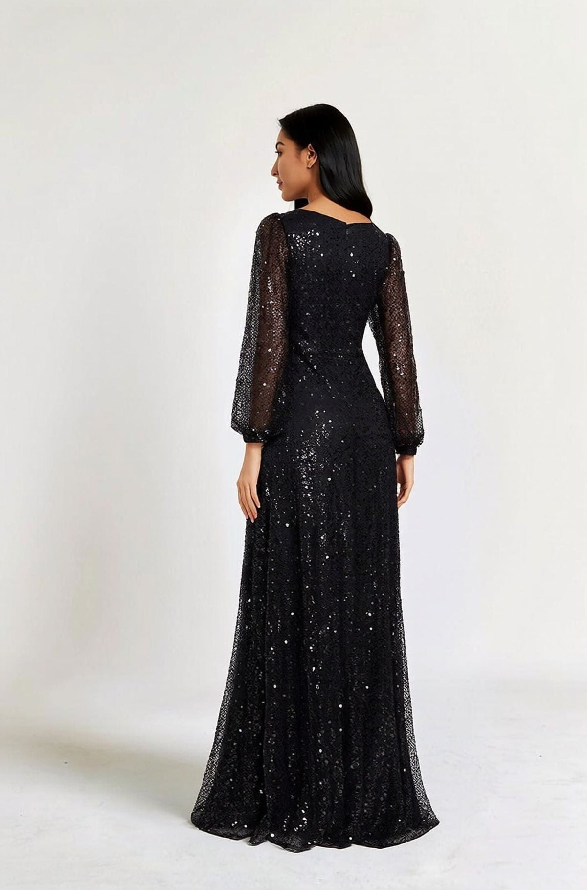Robe de soirée chic noire longue à sequins manches longues élégante pour mariage ou gala femme