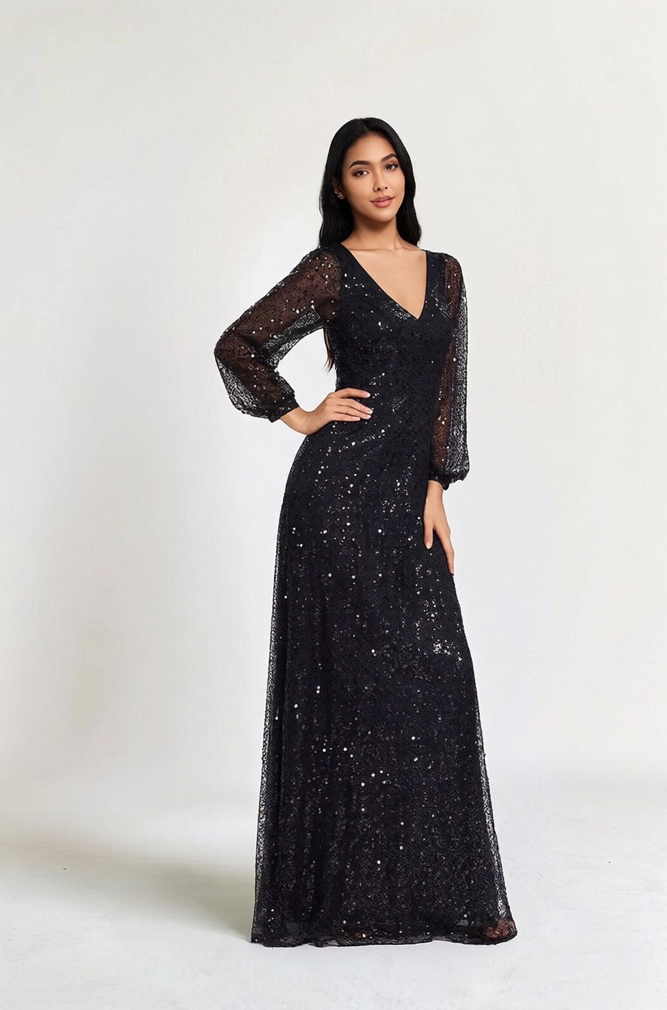 Robe de soirée longue noire à sequins manches longues élégante idéale pour mariage invité chic ou gala raffiné