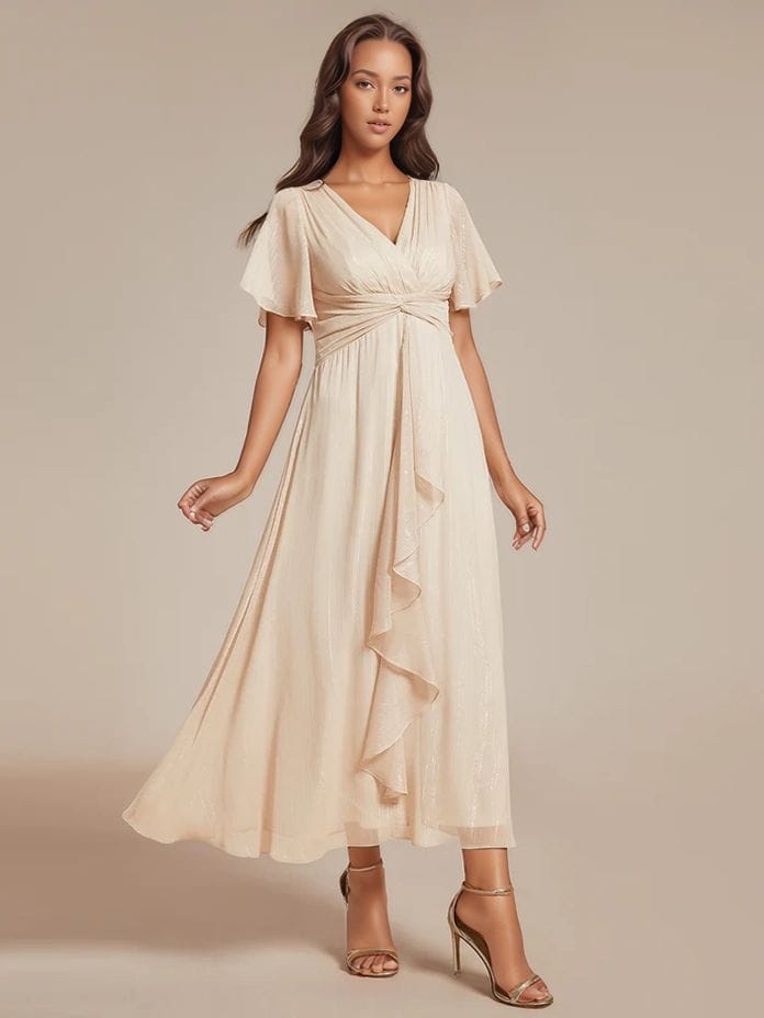 Robe beige midi pour invitée au mariage
