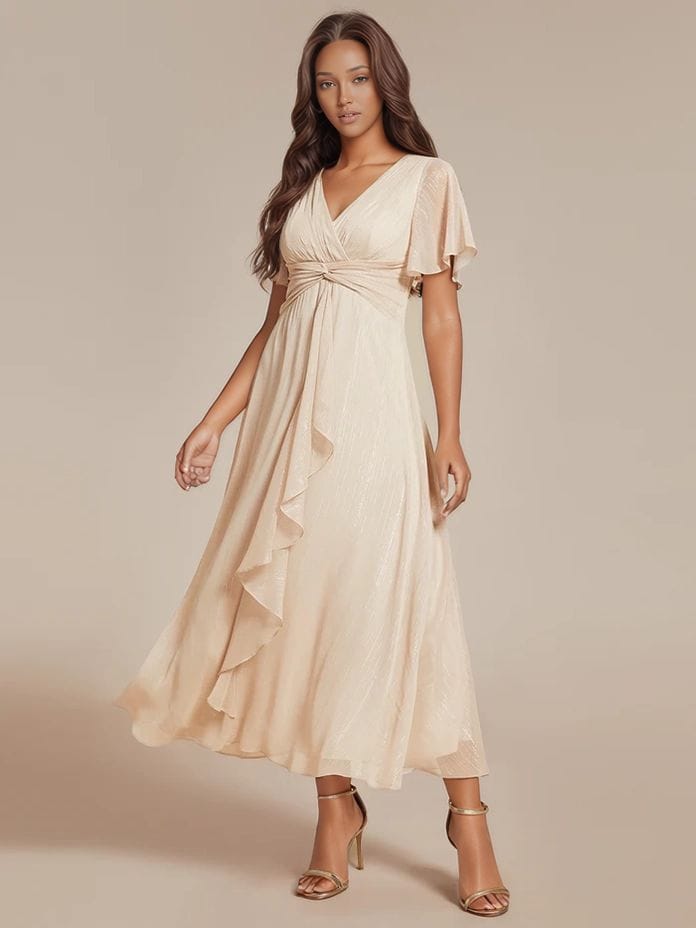 Robe beige midi pour invitée au mariage