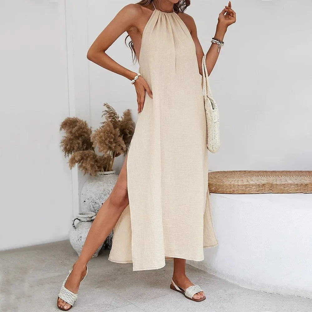 Robe été bohème longue beige fendue sans manches fluide femme décontractée accessoire sac paille