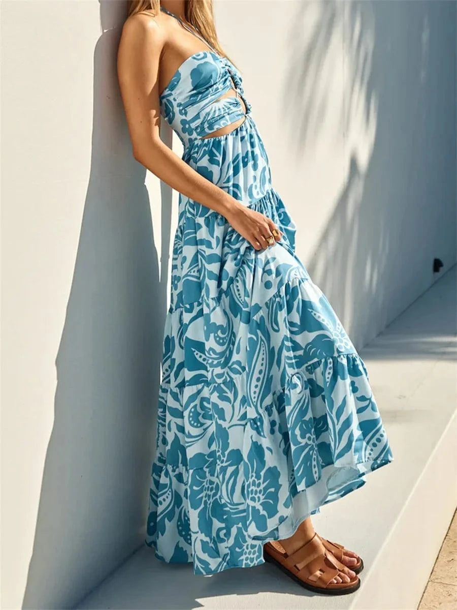 Robe été bohème longue bleue à imprimé fleuri sans manches dos nu idéale pour plage et vacances