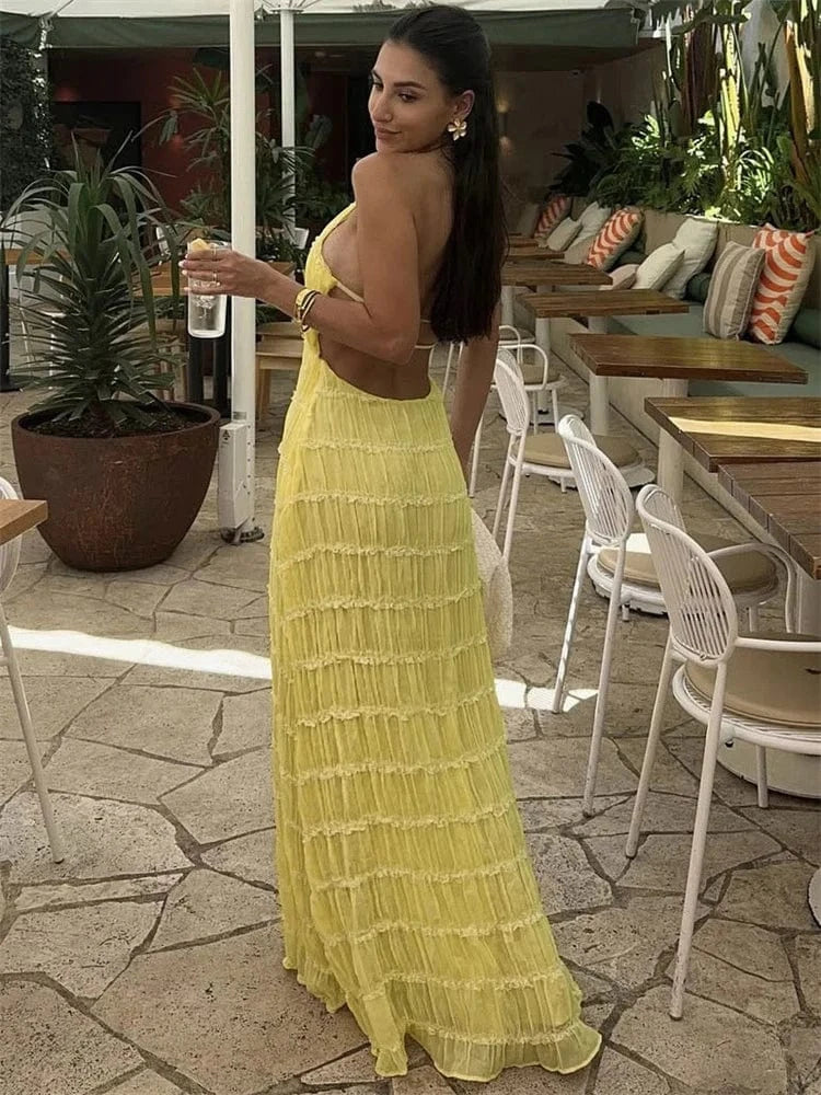 Robe été bohème longue jaune dos nu fluide femme chic parfaite soirée plage ou mariage invité