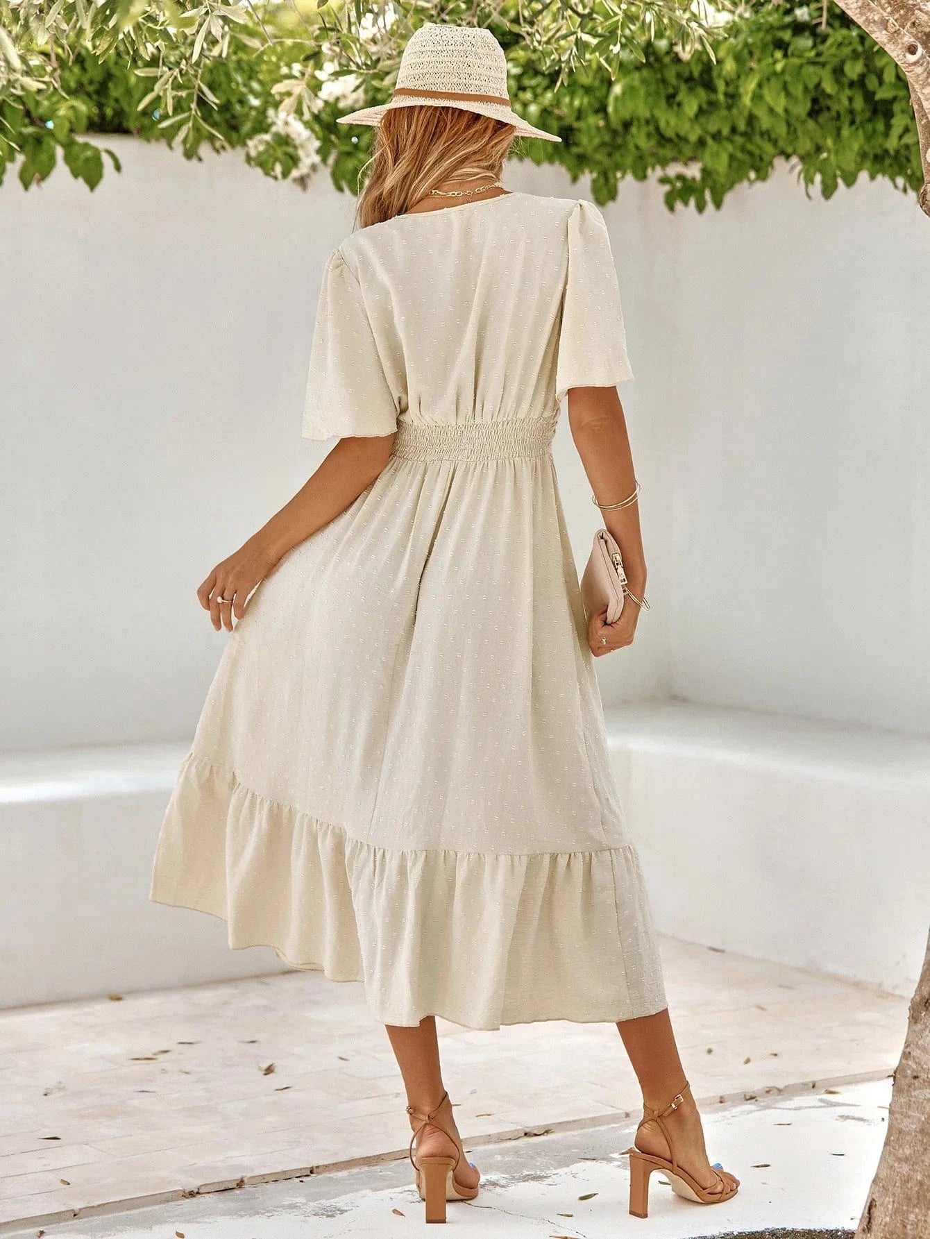 Robe été bohème longue beige en gaze de coton manches courtes fluide femme élégante pour plage