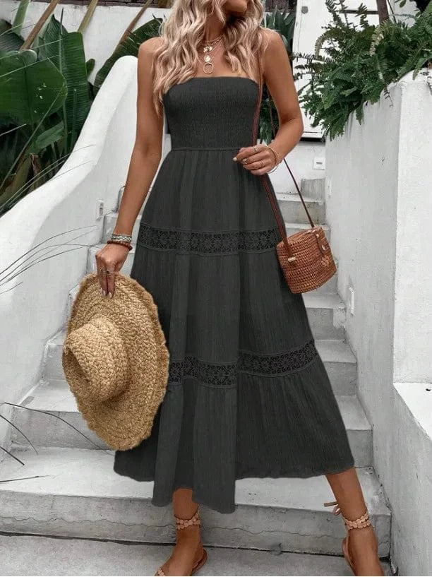 robe bustier bohème midi d'été fluide et élégante, parfaite pour un look léger et romantique