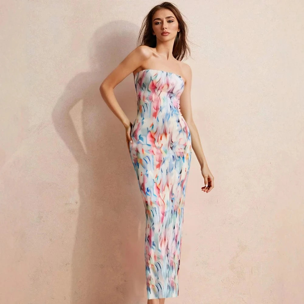 robe bustier longue multicolore élégante pour soirée chic ou mariage estival en plein air