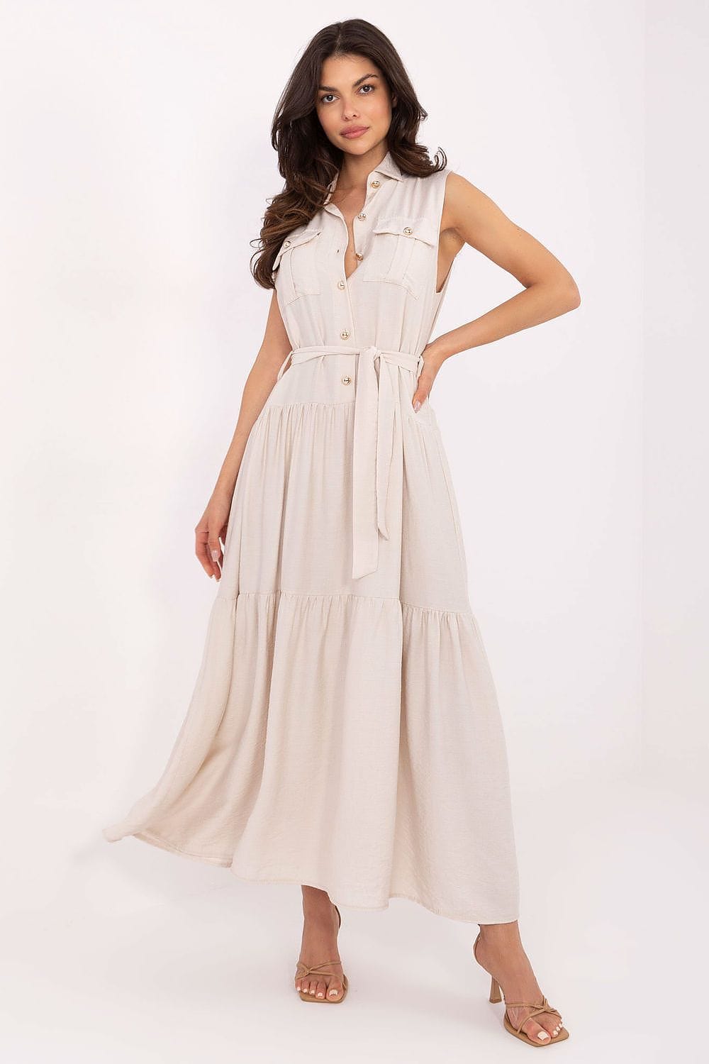 Robe longue beige chemise sans manches été fluide casual ceinturée élégante pour femme
