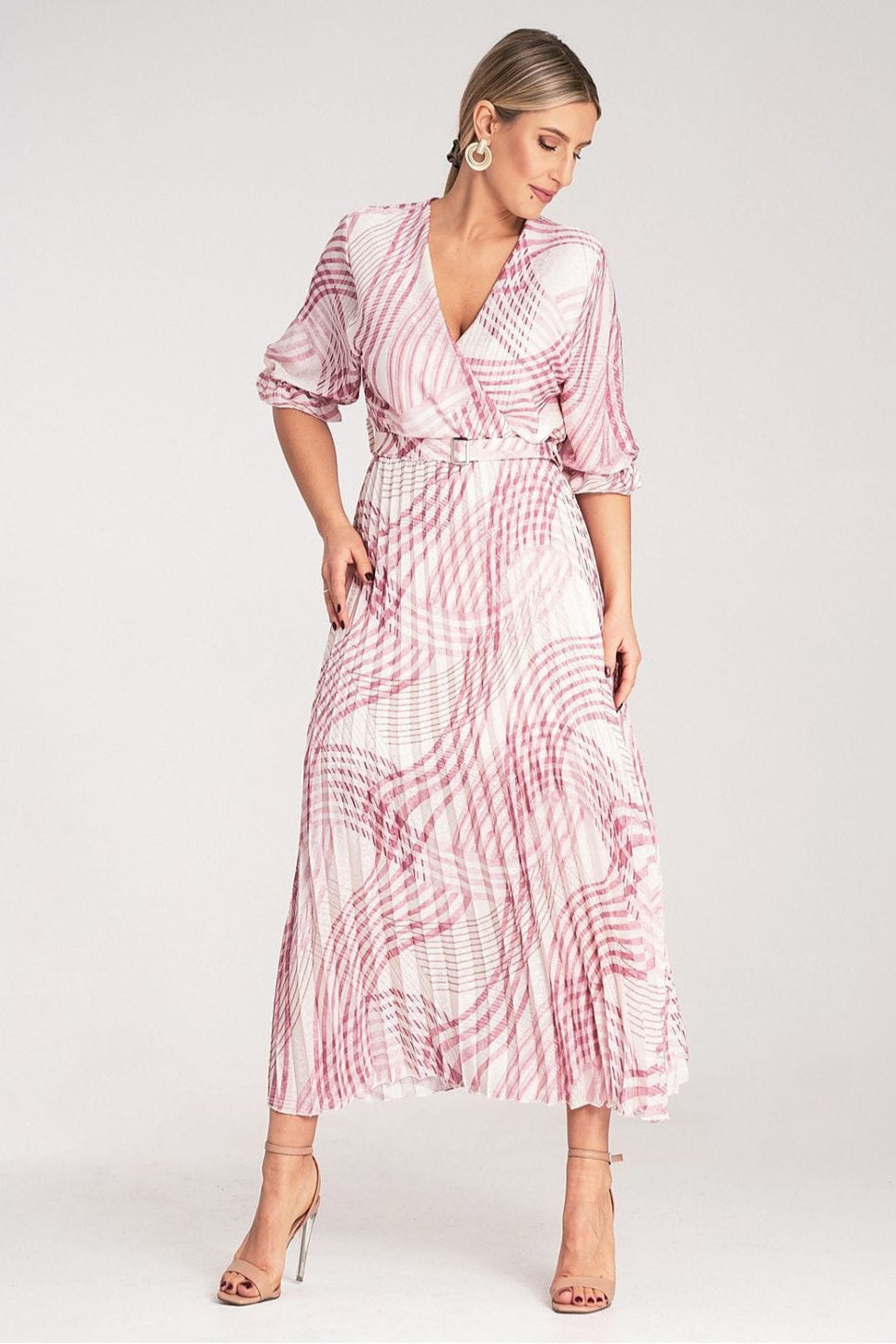 Robe été plissée longue imprimée rose manches trois quarts élégante ceinture pour mariage invité chic