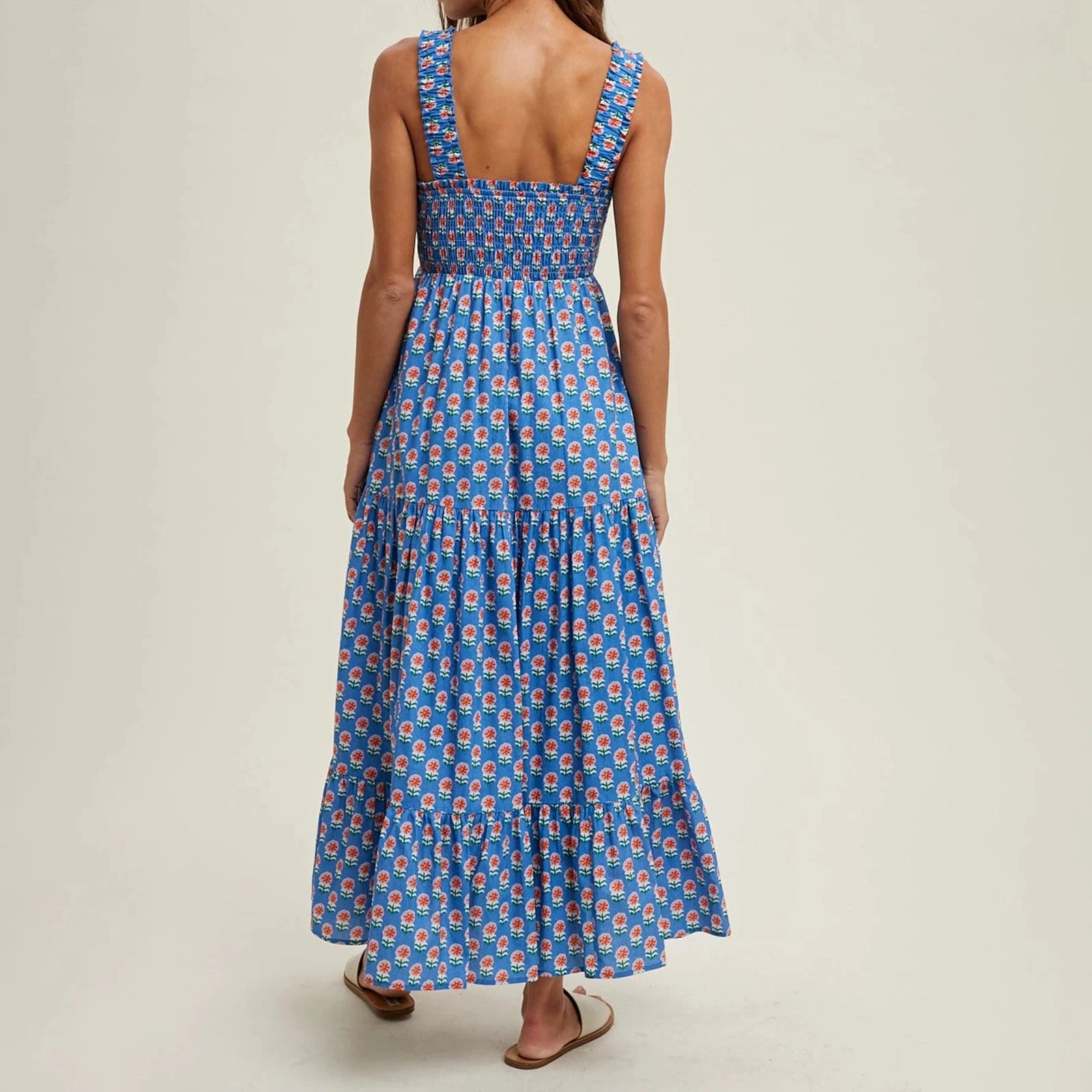 Robe été bohème longue bleue fleurie dos nu sans manches fluide femme idéale plage ou vacances