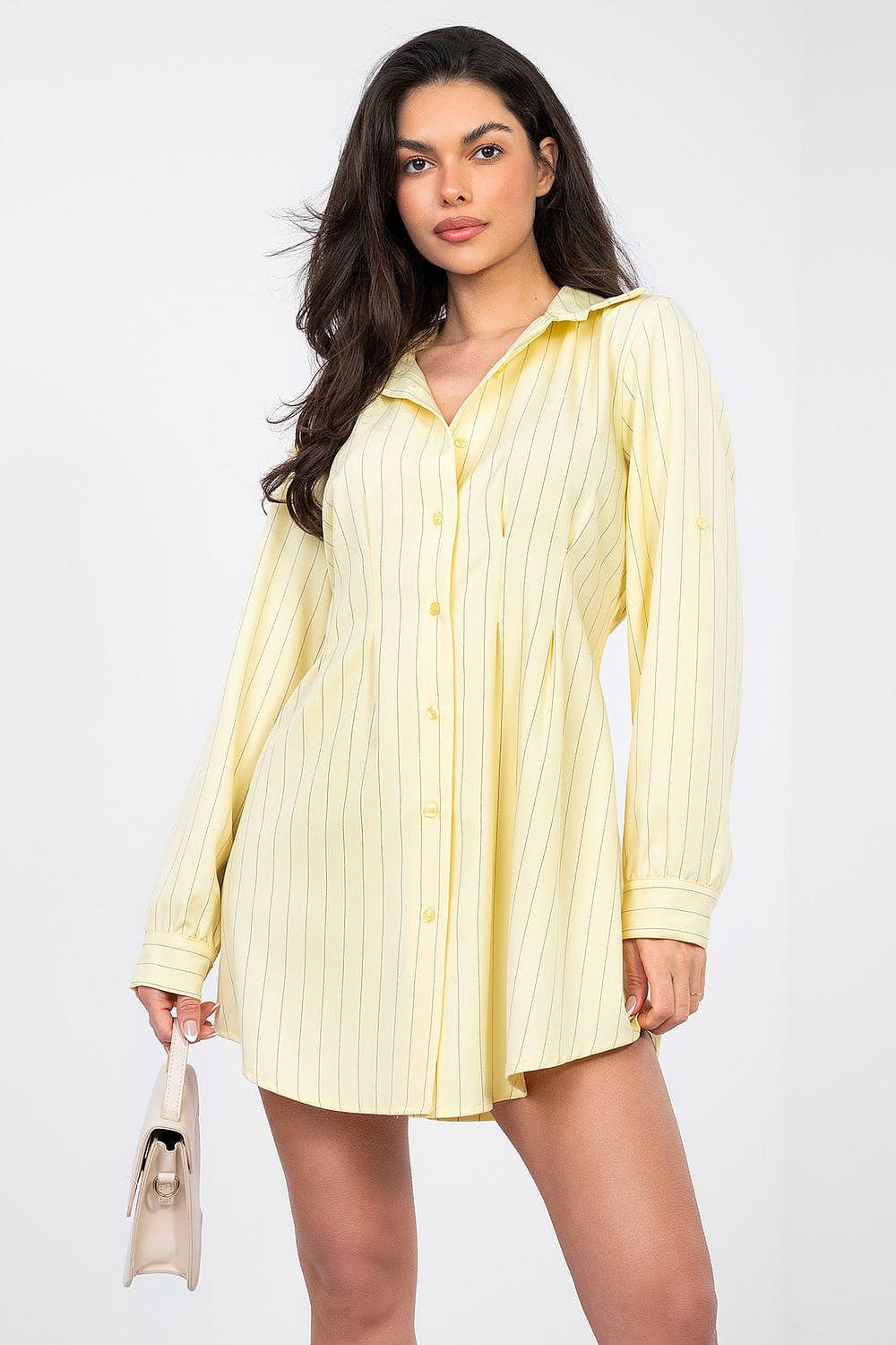 Robe chemise casual courte jaune à rayures manches longues pour un look élégant et décontracté au quotidien