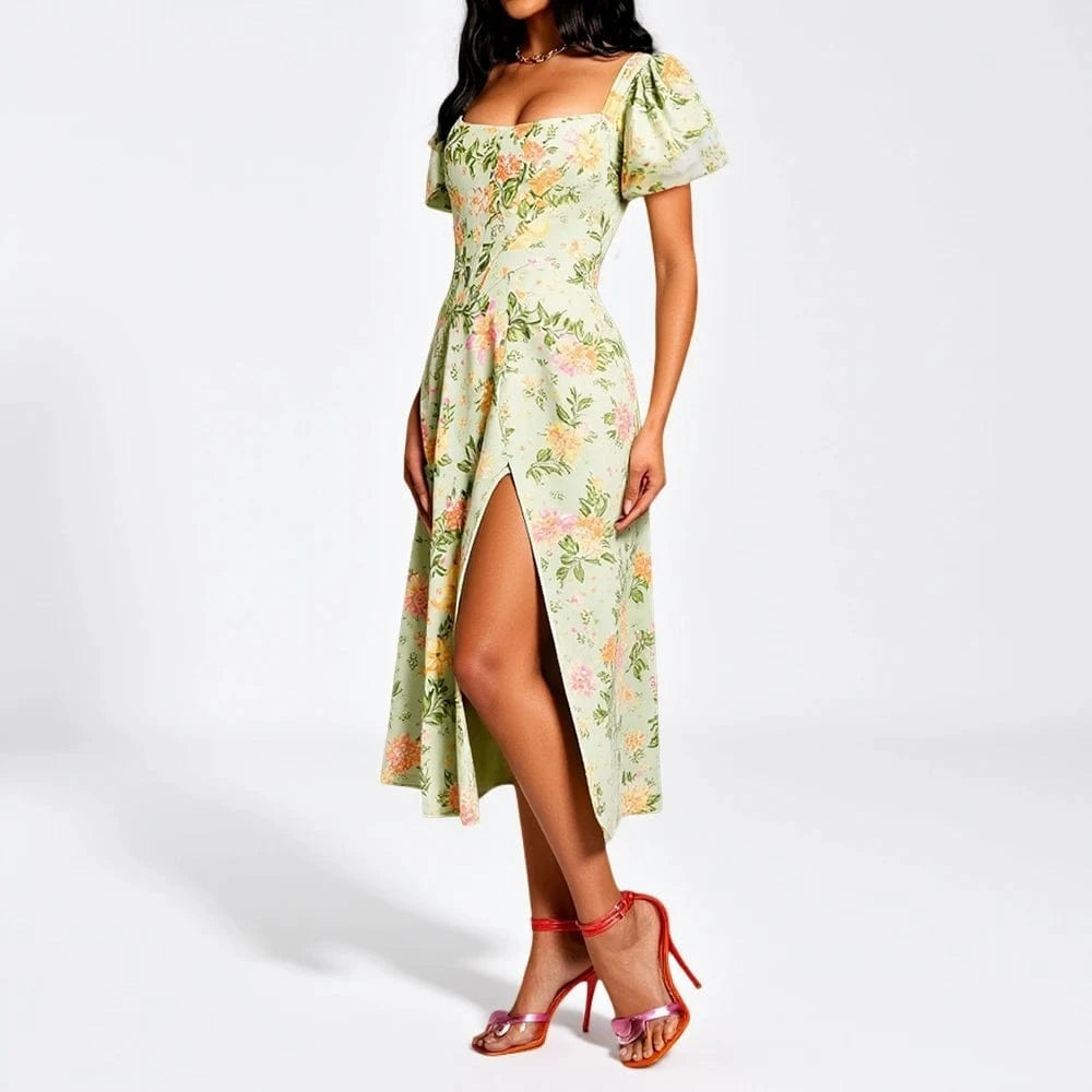 Robe fleurie midi fendue été manches courtes bohème verte pour invitée mariage ou cocktail chic