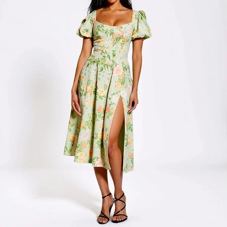 Robe fleurie été fendue midi trapèze manches courtes verte pour invitée mariage chic ou cocktail