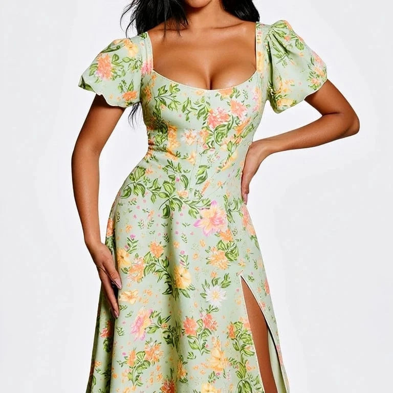 Robe été fleurie fendue longue style bohème manches courtes vert pastel chic pour invitée mariage