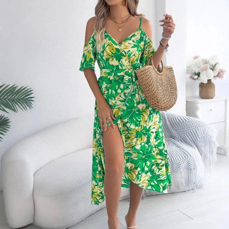 robe d’été fleurie midi bohème champêtre invitée mariage avec manches courtes et coupe trapèze