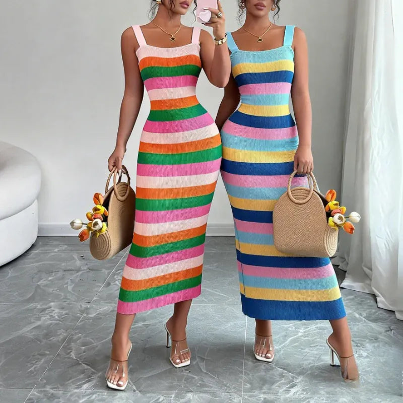 Robe d'été à rayures arc-en-ciel moulante