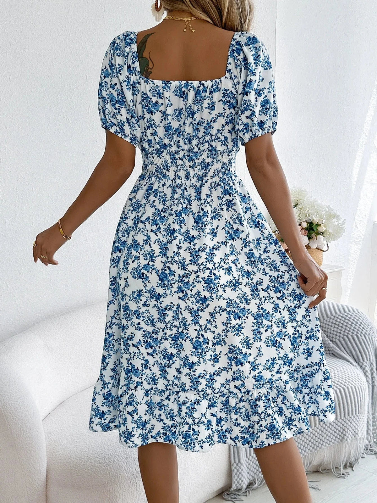 robe été fleurie col carré manches courtes fluide femme trapèze courte bohème champêtre invitée