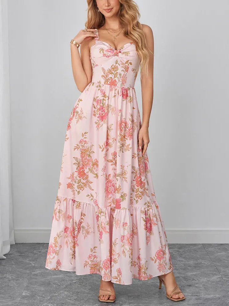 Robe d'été longue bohème rose à motifs floraux