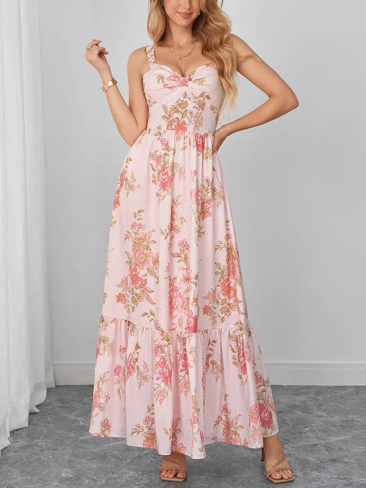 Robe d'été longue bohème rose à motifs floraux