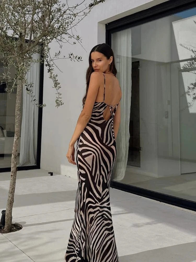 robe d’été longue dos nu transparente style sexy moulante motif zébré pour soirée plage femme