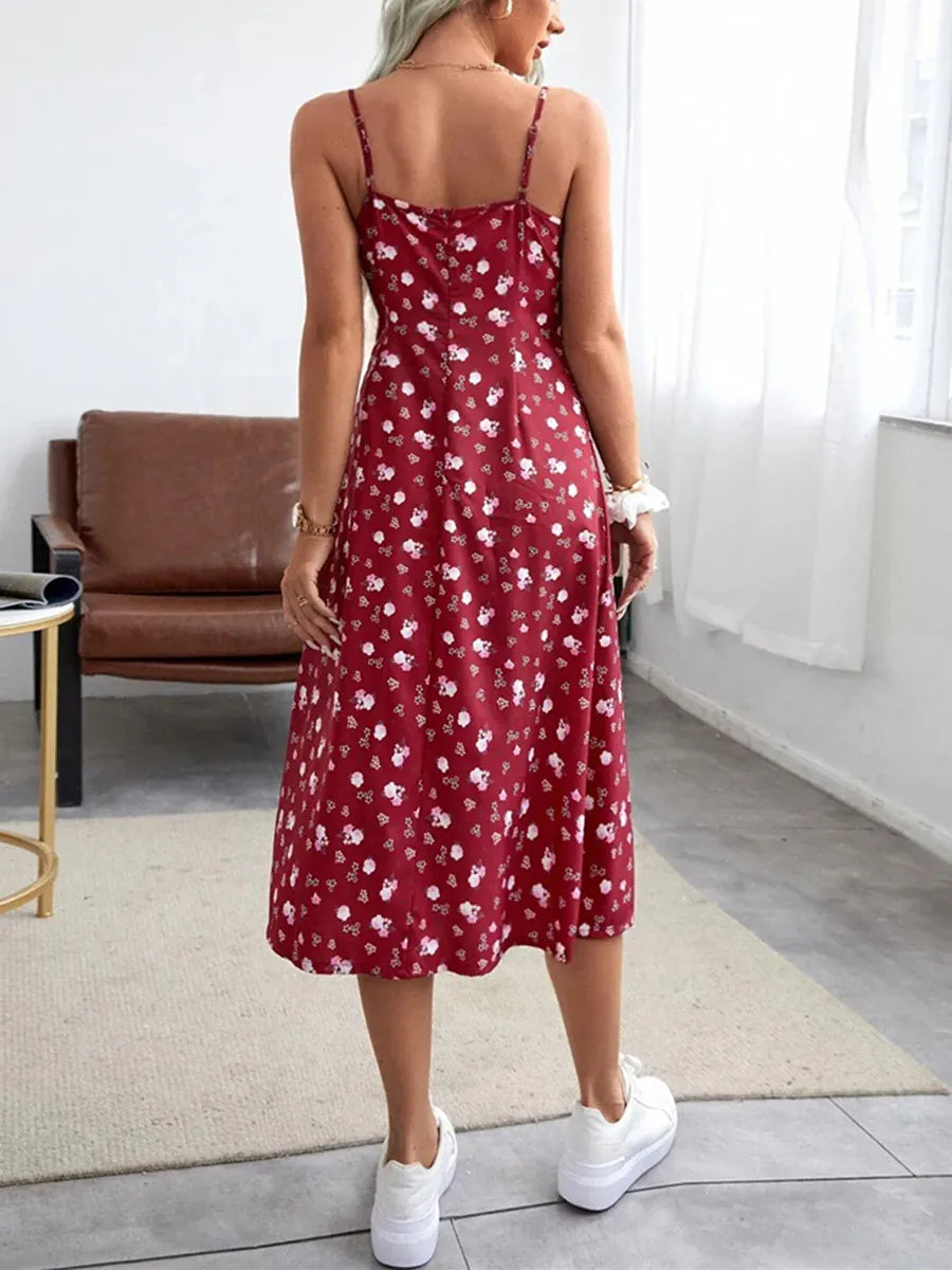Robe d'été midi imprimé floral et fente haute