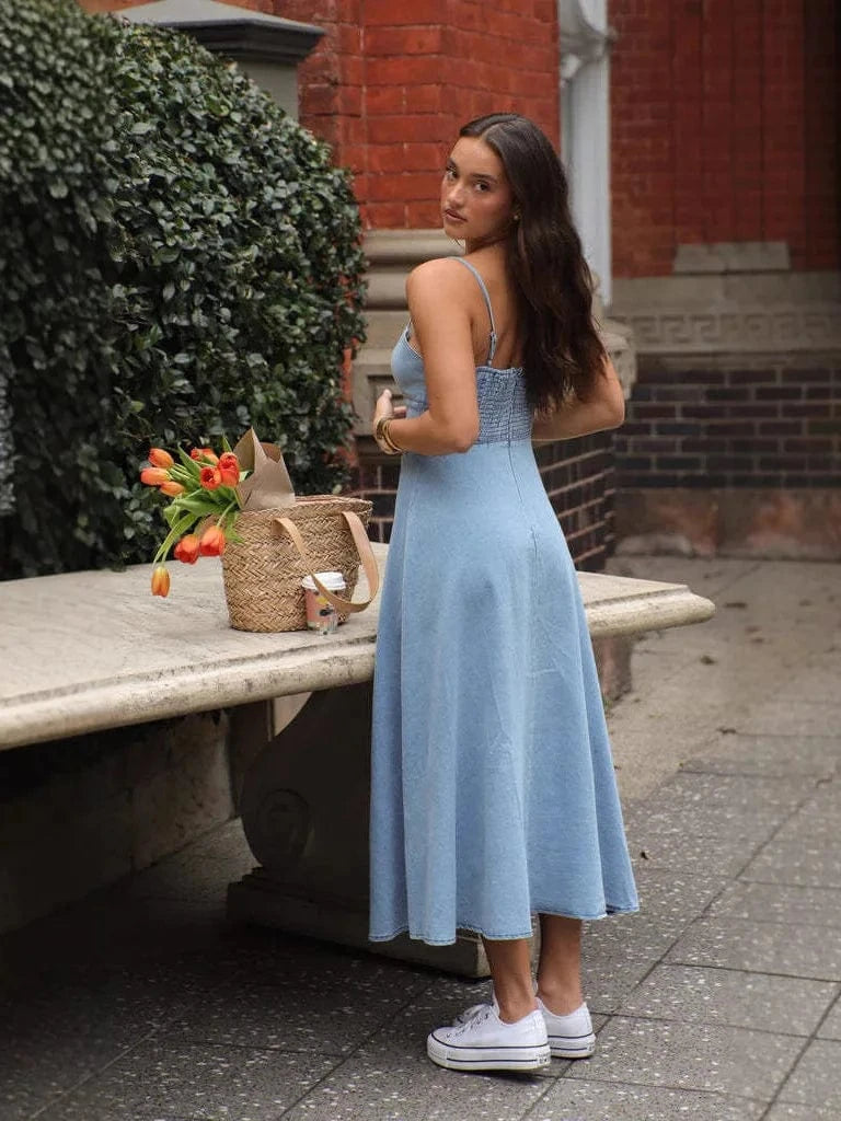 robe en jean midi casual été fluide femme sans manches trapèze idéale pour un look décontracté