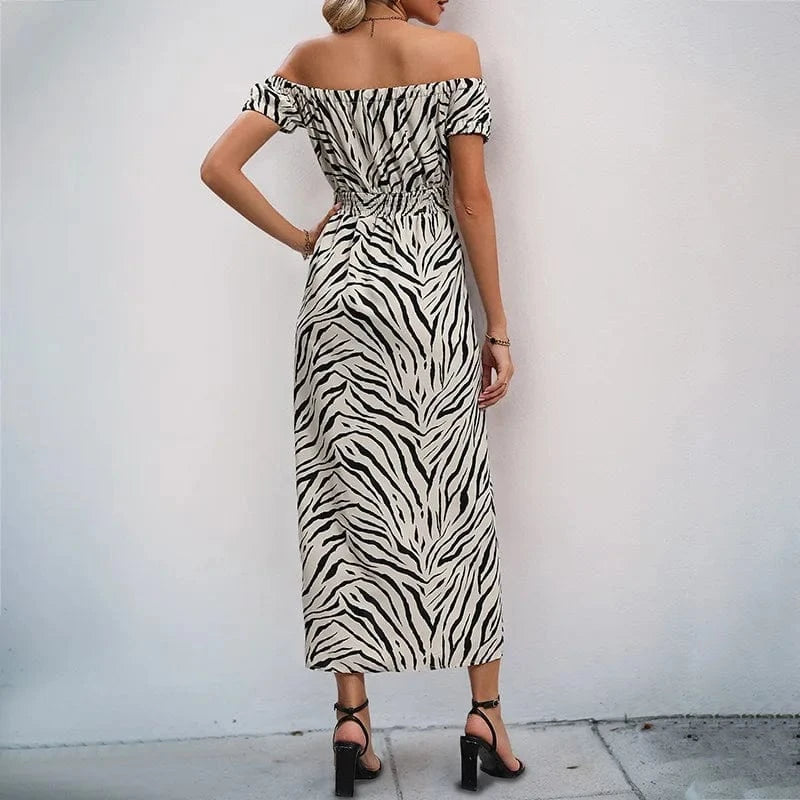 robe été fendue épaules dénudées motif zébré fluide chic noire longue silhouette moulante