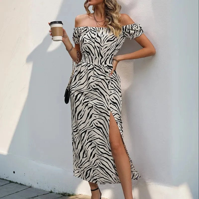 robe été fendue épaules dénudées motif zébré fluide femme style sexy longue noire moulante