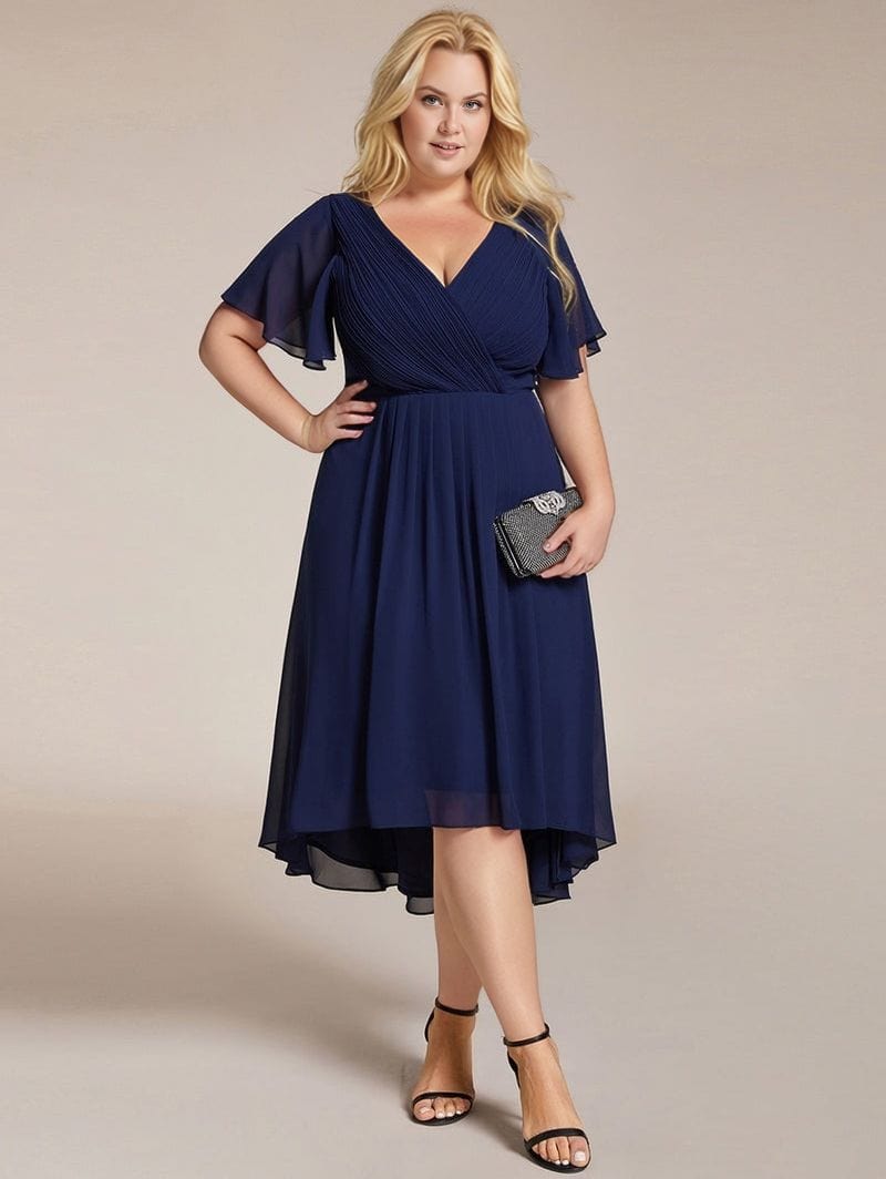 Robe de soirée grande taille chic bleu manches courtes midi trapèze élégante avec pochette argentée