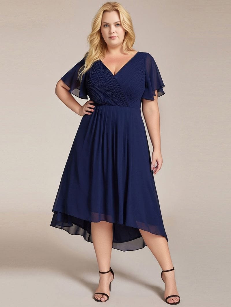 Robe de soirée grande taille chic bleu midi trapèze manches courtes décolleté élégante pour mariage invitée