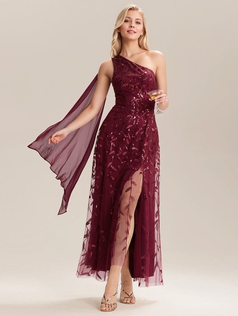 Robe de soirée mariage bordeaux longue asymétrique fendue une épaule élégante pour invitée chic femme