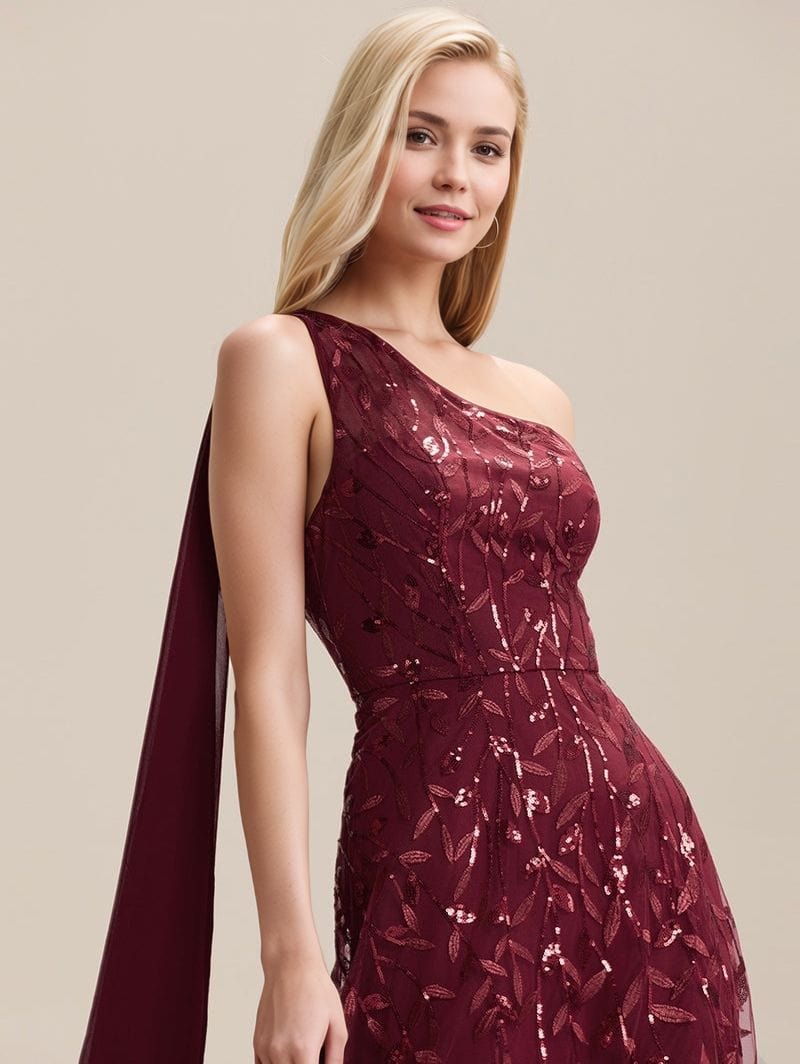 Robe de soirée mariage bordeaux longue asymétrique à sequins élégante une épaule pour invitée femme