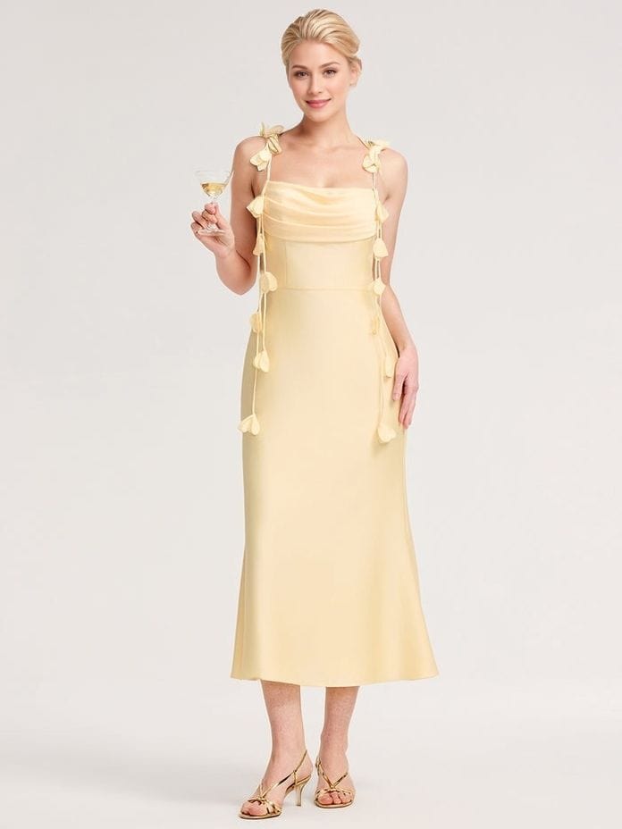 Robe cocktail fluide jaune longue sans manches été chic invitée mariage avec bretelles originales élégante