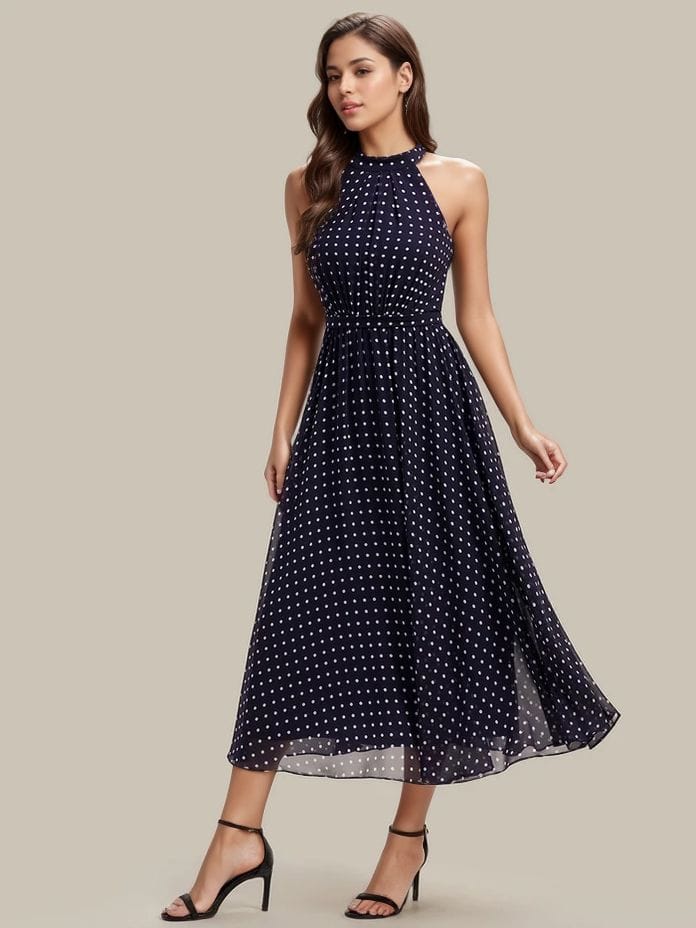 Robe de cocktail bleu marine à pois sans manches col licou