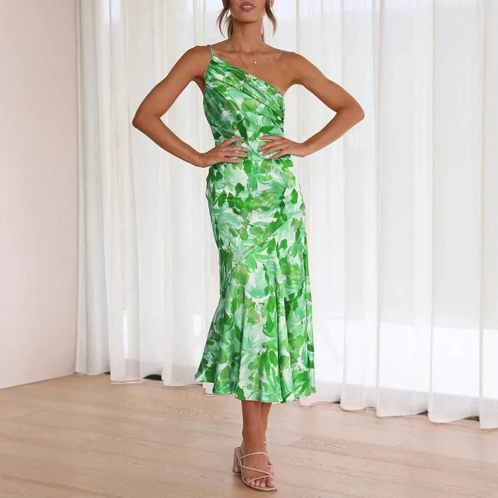 Robe de soirée été verte fluide une épaule motif fleuri midi élégante femme invitée mariage