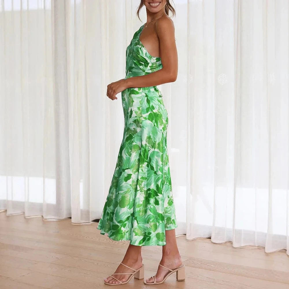 Robe été fluide femme verte longue sans manches imprimé fleuri idéale pour plage ou cocktail chic