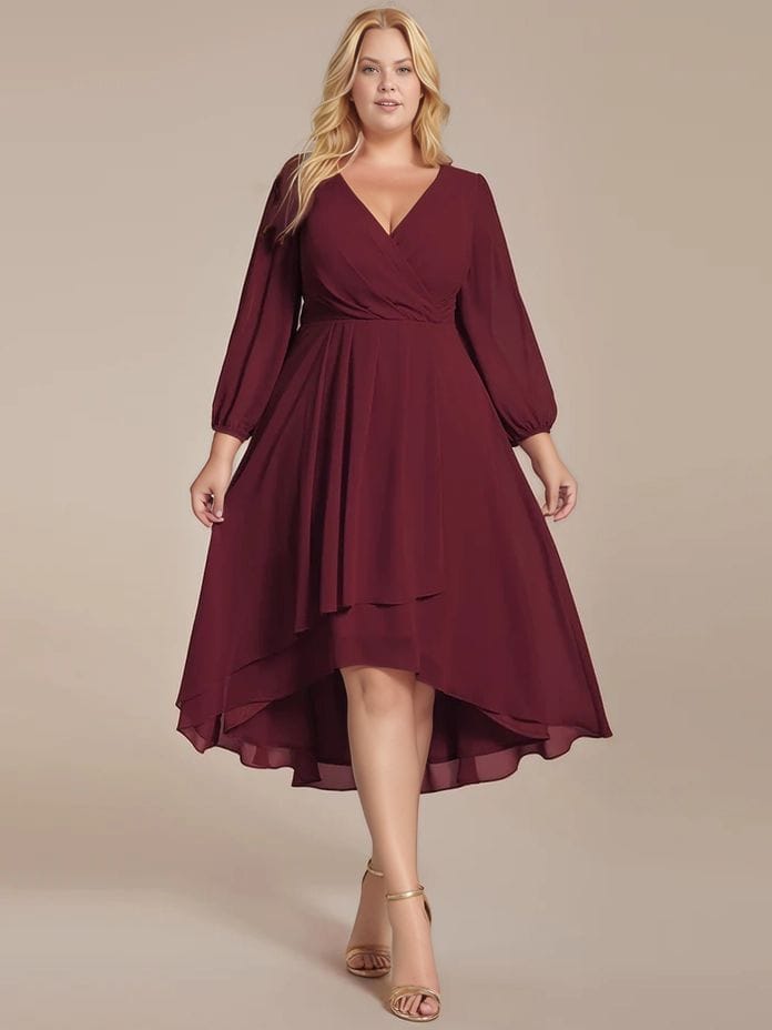 Robe de cocktail grande taille bordeaux asymétrique