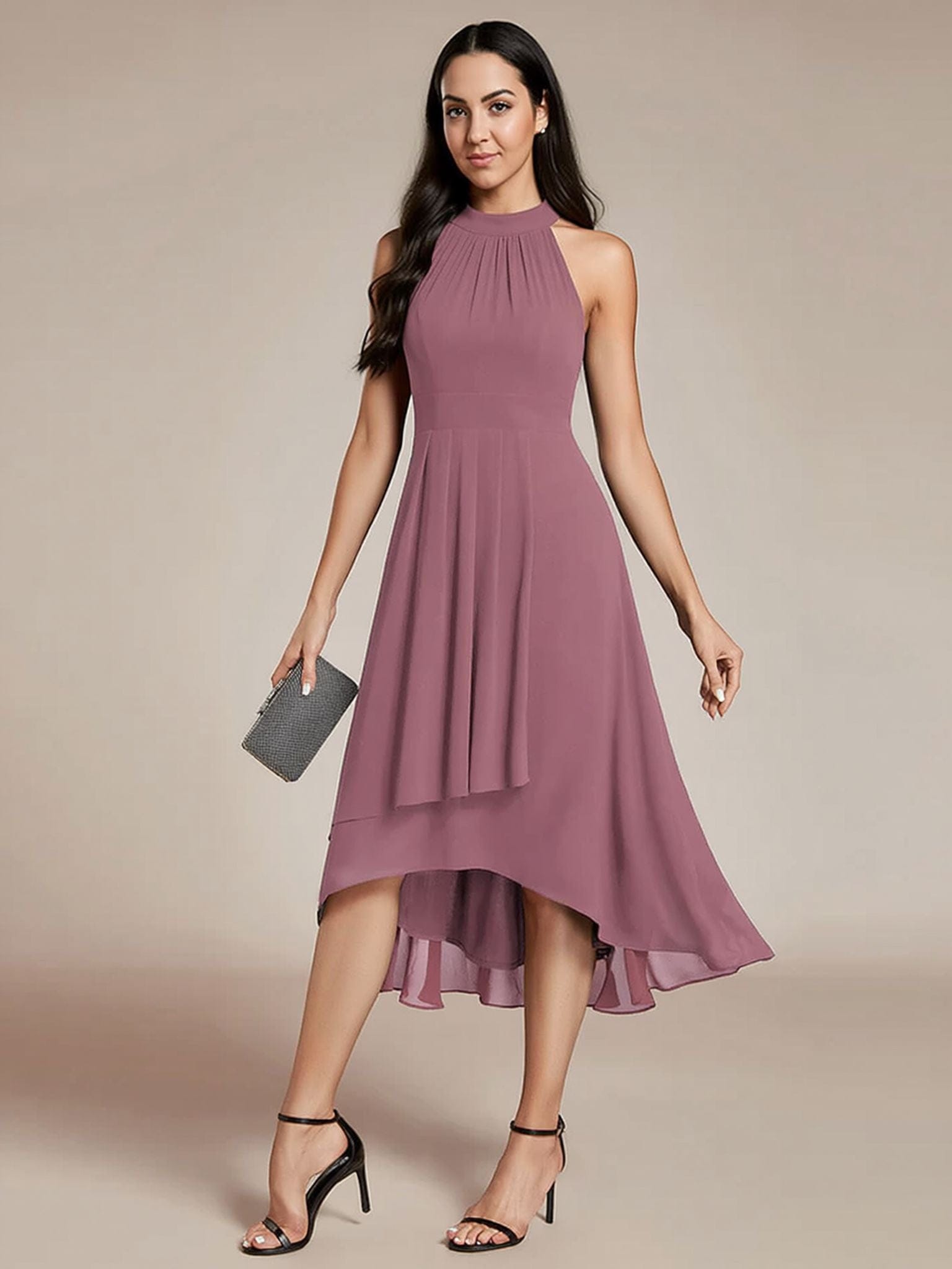 Robe cocktail asymétrique mauve évasée sans manches élégante pour soirée chic mariage invitée été midi