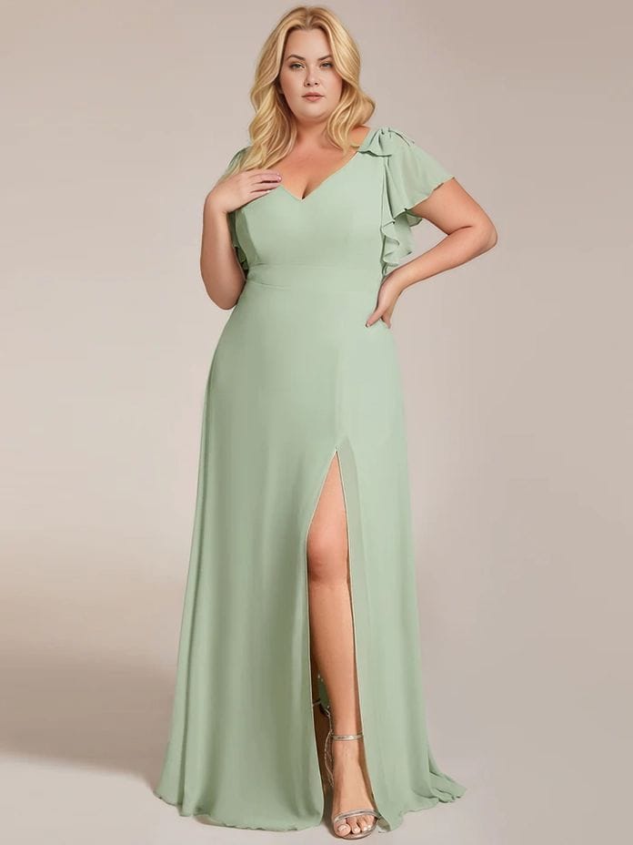 Robe de demoiselle d'honneur verte longue fendue
