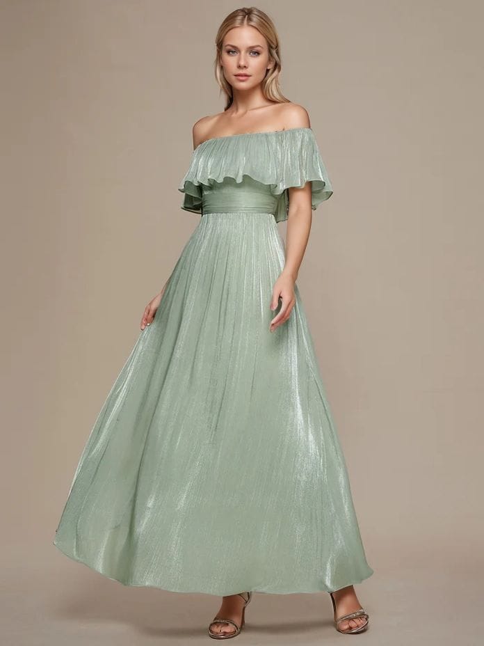 Robe de demoiselle d'honneur verte sauge épaules dénudées à volants