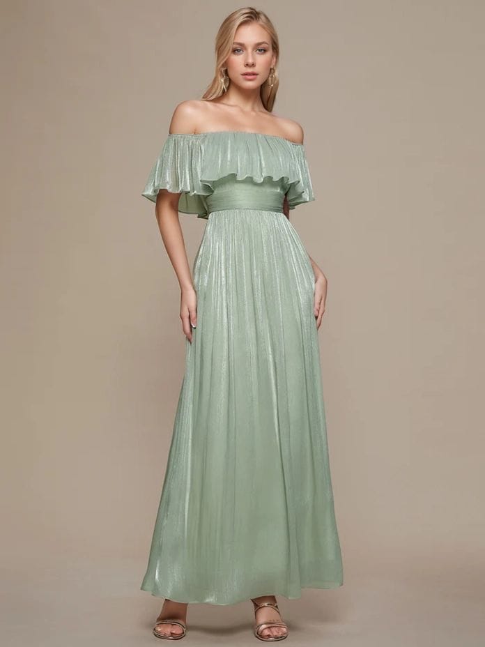 Robe de demoiselle d'honneur verte sauge épaules dénudées à volants