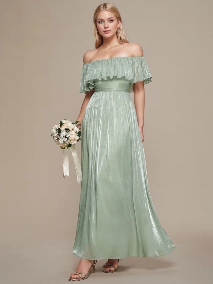 Robe de demoiselle d'honneur verte sauge épaules dénudées à volants