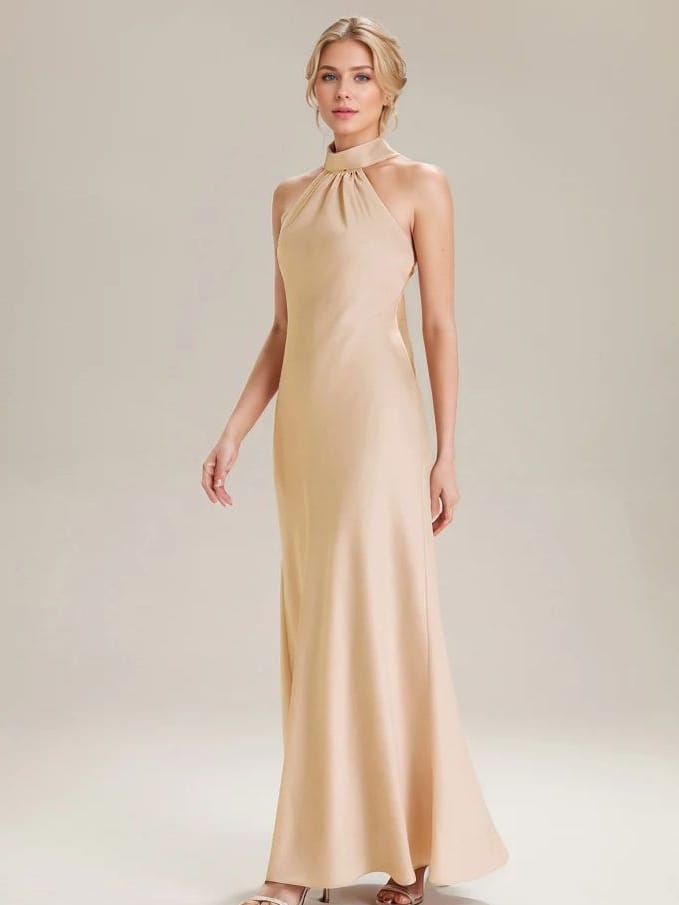 Robe de demoiselles d'honneur longue sans manches couleur champagne