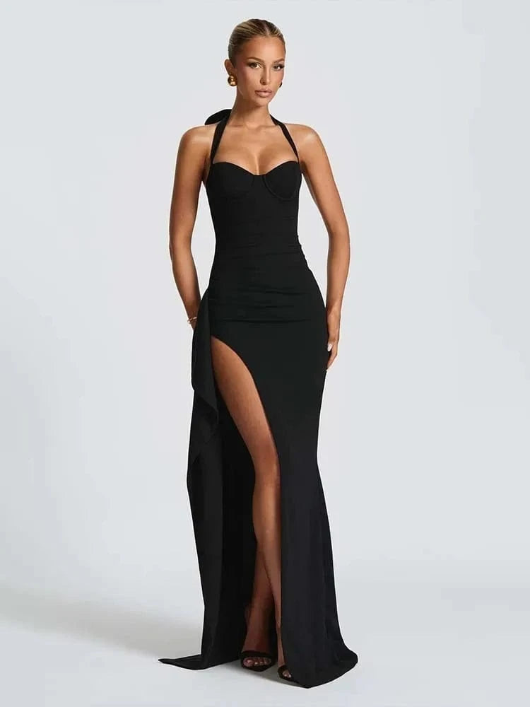 Robe de soirée noire longue fendue moulante décolleté bustier élégante dos nu chic événement mariage invité