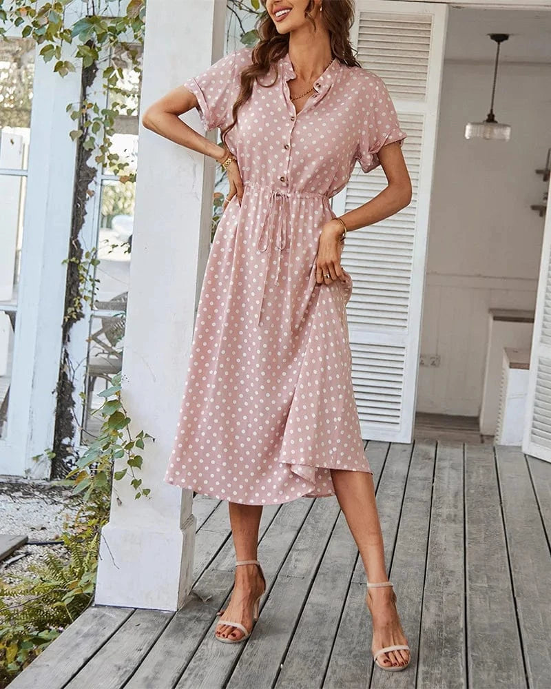 Robe été bohème rose à pois midi fluide manches courtes col chemise parfaite pour look casual chic