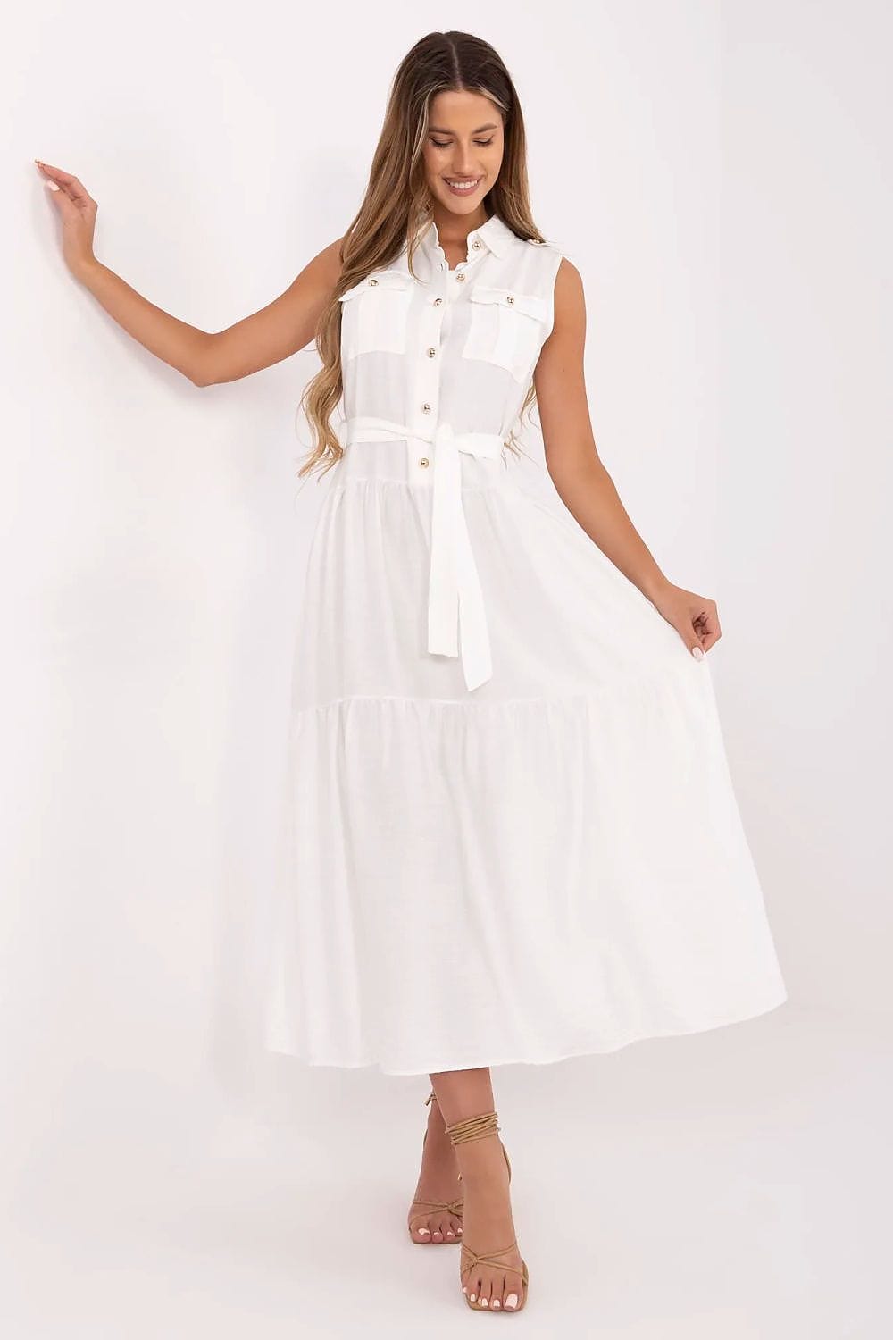 Robe blanche chemise longue été sans manches fluide taille nouée style casual chic pour femme